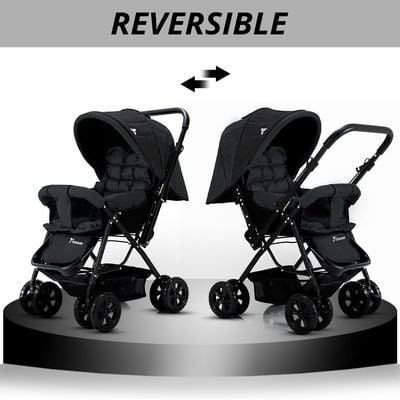 Teknum Reversible Trip Stroller + Infant Car Seat | Excellent Shocker | Forward & Parent Facing | Wide Canopy & Seat | 5 - Point Safety Harness | Reversible Handle | Golden Frame | Cup Holder | Big Basket | Easy To Fold | 6 - 36Months | Black